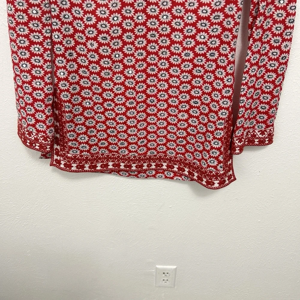 Tory Burch Jayne‎ Mod Flower Embroidered Tunic Top Size 2 Cotton Red Floral Boho